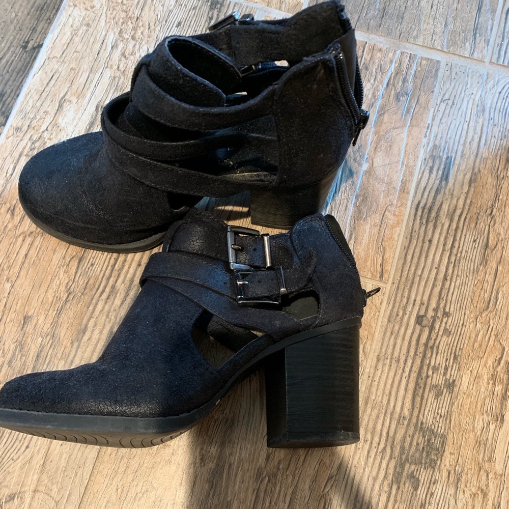 Black chunky heeled booties with buckles